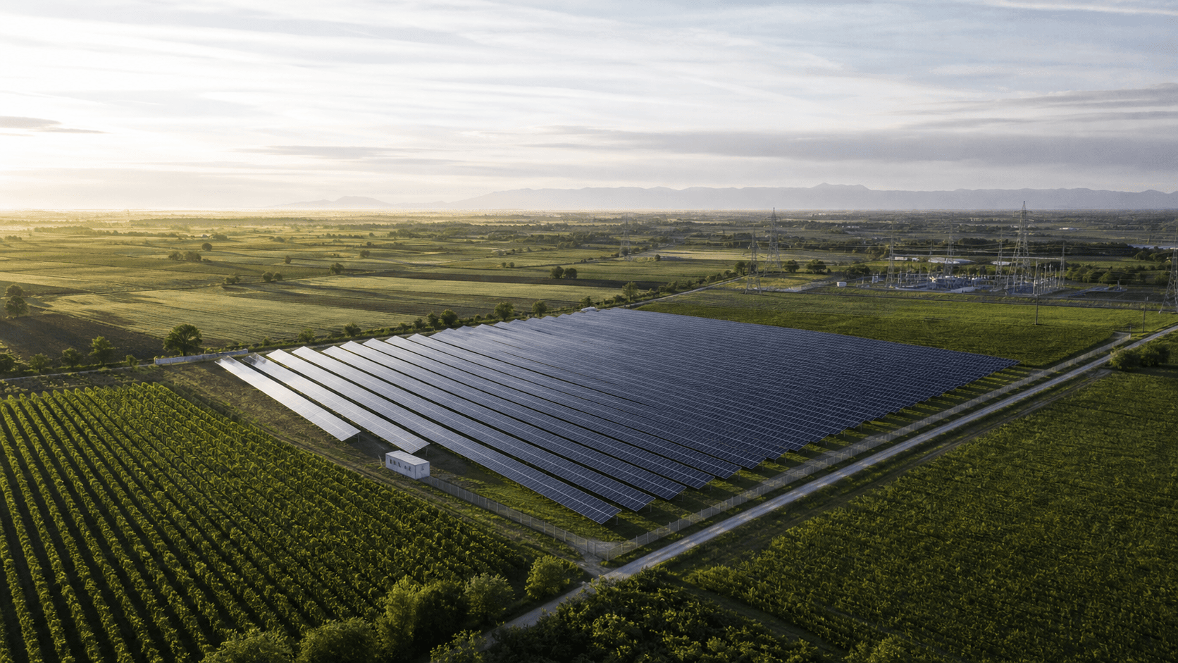 Impianto fotovoltaico a terra in un paesaggio agricolo ordinato